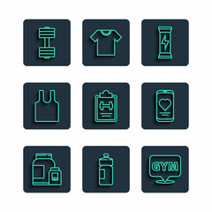 Set line Sports nutrition, Fitness shaker, Location gym, training program, Sleeveless T-shirt, Dumbbell and Mobile with heart rate icon. Vector