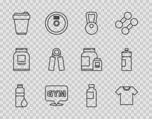 Set line Fitness shaker, T-shirt, Kettlebell, Location gym, Sport expander, and icon. Vector