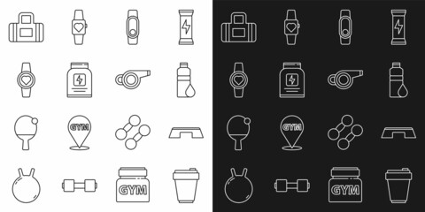 Set line Fitness shaker, Step platform, Smartwatch, Sports nutrition, bag and Whistle icon. Vector