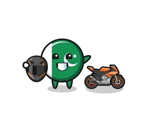 cute pakistan flag cartoon as a motorcycle racer