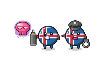 iceland flag cartoon doing vandalism and caught by the police