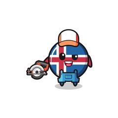 the woodworker iceland flag mascot holding a circular saw