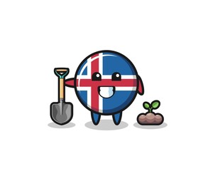 cute iceland flag cartoon is planting a tree seed