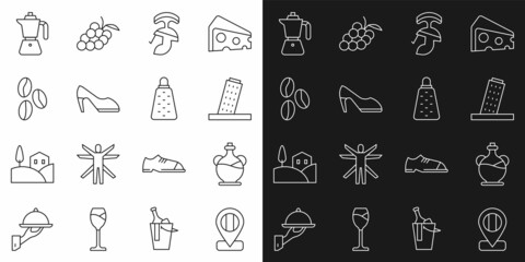 Set line Location flag Italy, Bottle of olive oil, Tower in Pisa, Roman army helmet, Woman shoe, Coffee beans, moca pot and Grater icon. Vector