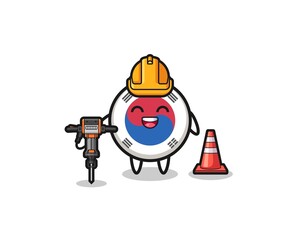 Fototapeta premium road worker mascot of south korea flag holding drill machine