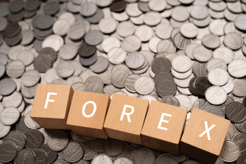 「FOREX」と書かれた積み木とコイン