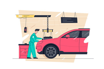 Car workshop mechanic check vehicles motor