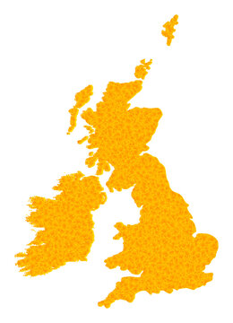 Vector Gold map of Great Britain and Ireland. Map of Great Britain and Ireland is isolated on a white background. Gold particles mosaic based on solid yellow map of Great Britain and Ireland.