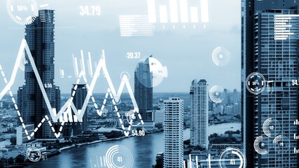 Business data analytic interface fly over smart city showing alteration future of business intelligence. Computer software and artificial intelligence are used to analyze big data for strategic plan .