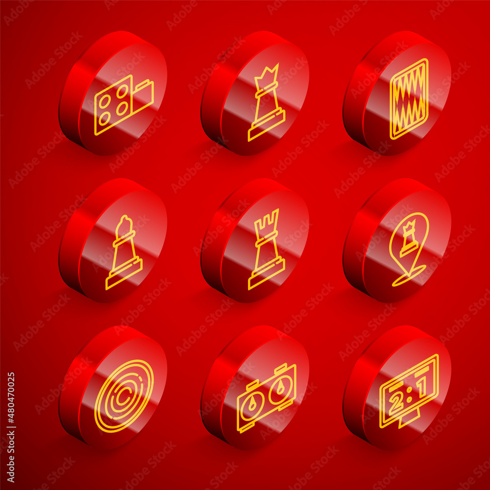 Poster set line toy building block bricks, chess, backgammon board, checker game chips and time chess clock