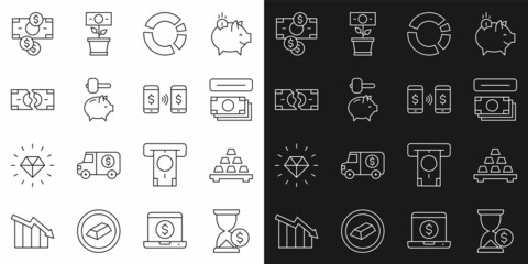 Set line Hourglass with dollar, Gold bars, ATM and money, Pie chart infographic, Piggy bank hammer, Tearing banknote, Stacks paper cash and Money payment transfer icon. Vector