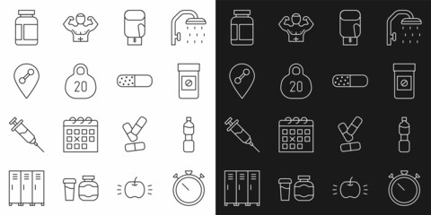 Set line Stopwatch, Bottle of water, Anabolic drugs, Boxing glove, Kettlebell, Location gym, Sports nutrition and Vitamin pill icon. Vector
