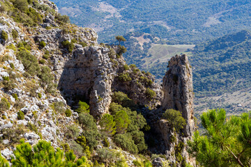 Naklejka premium The aguja needle seen from the Mirador or viewpoint of Puerto de las Palomas in the Sierra de Grazalema Natural Park in the rural Spanish country side near Grazalema, Spain.