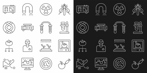 Set line Genetically modified apple, 3D printing technology, Test tube flask on stand, Biohazard symbol, Electronic scales, DNA, Spectrometer and icon. Vector