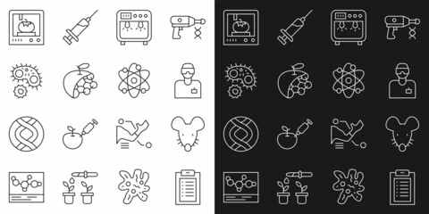 Set line Clinical record, Experimental mouse, Laboratory assistant, Biosafety box, Biological structure, Virus, 3D printing technology and Atom icon. Vector