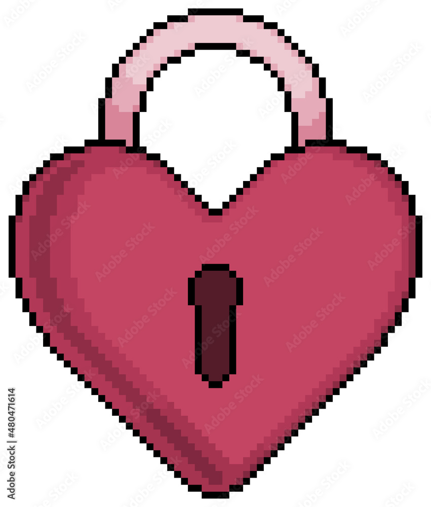 Poster pixel art heart padlock vector icon for 8bit game on white background