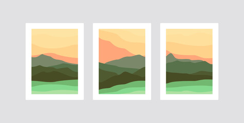 Naklejka na ściany i meble Wall art creative design. Set of minimalist hand painted illustrations of Mid century modern. Natural abstract landscape background. Mountain, forest, sky, and sun illustration.