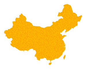 Vector Golden map of China. Map of China is isolated on a white background. Golden items mosaic based on solid yellow map of China.