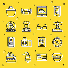 Set line Captain hat, Compass, Lighthouse, Cruise ship, Cook, Beach bag and Glasses icon. Vector