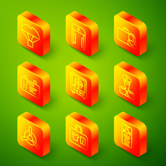 Set line Box flying on parachute, Metal detector airport, Suitcase, Airport board, Radar with targets monitor, Pilot, Plane propeller and icon. Vector