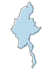 Stylized simple outline map of Burma icon. Blue sketch map of Burma illustration