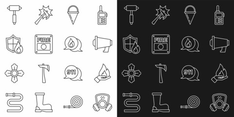 Set line Gas mask, Hand holding fire, Megaphone, Fire cone bucket, alarm system, protection shield, Firefighter axe and Telephone call 911 icon. Vector