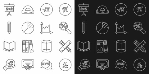 Set line Function mathematical symbol, Magnifying glass with percent, Square root of x glyph, Pie chart infographic, Pencil, Chalkboard and Graph, schedule, chart, diagram icon. Vector