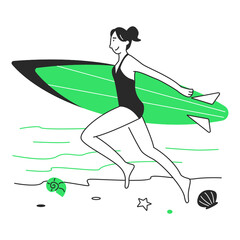 woman running down the beach with a surfboard