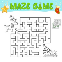 Christmas Maze puzzle game for children. Outline maze or labyrinth game with christmas sleigh and reindeer.