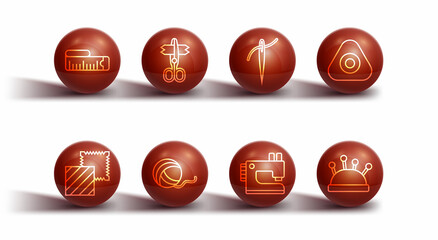 Set line Tape measure, Textile fabric roll, Sewing chalk, machine, Yarn ball, Scissors, Needle bed and needles and with thread icon. Vector