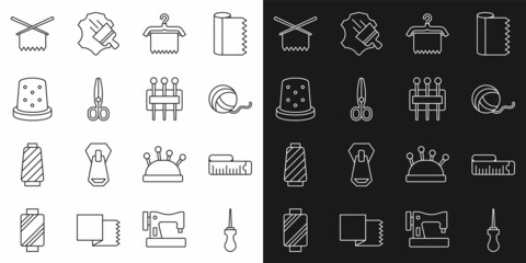 Set line Awl tool, Tape measure, Yarn ball, Hanger wardrobe, Scissors, Thimble for sewing, Knitting needles and Needle icon. Vector