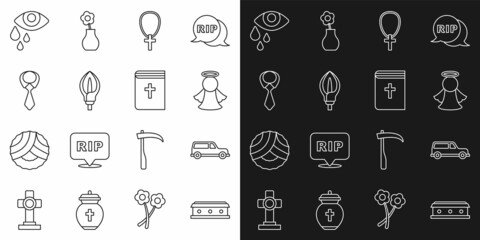 Set line Coffin with cross, Hearse car, Angel, Christian on chain, Lily flower, Tie, Tear cry eye and Holy bible book icon. Vector