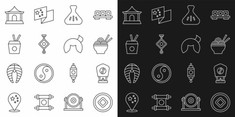 Set line Chinese Yuan currency, paper lantern, Asian noodles bowl, Dumpling, Noodles box and chopsticks, house and fortune cookie icon. Vector