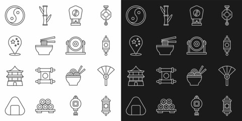 Set line Chinese paper lantern, or japanese folding fan, Asian noodles bowl, China flag, Yin Yang and Gong icon. Vector