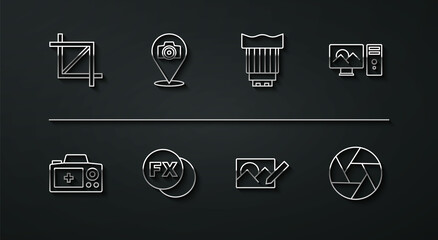 Set line Picture crop photo, Photo camera, retouching, fx, Camera shutter and lens icon. Vector