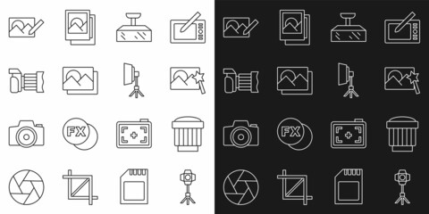Set line Softbox light, Camera photo lens, Photo retouching, frame, camera, and icon. Vector