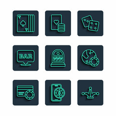 Set line Credit card, Online poker table game, Joker playing, Game dice, Slot machine with jackpot, Alcohol bar location, Deck of cards and Casino chips icon. Vector