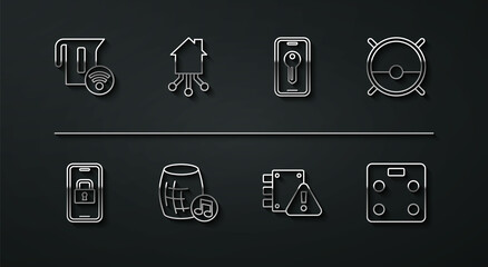 Set line Smart electric kettle, Digital door lock, Robot vacuum cleaner, House under protection, Voice assistant, home, bathroom scales and key icon. Vector