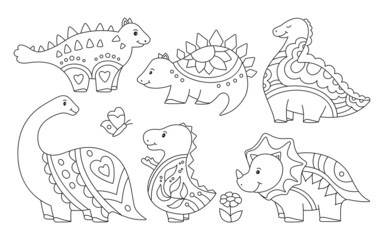 Dinosaur doodle outline set. Reptile cartoon collection dino childish prehistoric character. Wildlife funny dinosaurs lizard. Kids design animals for fabric or textile, predators and herbivores vector