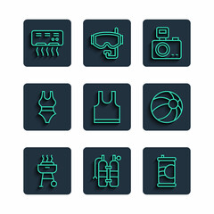 Set line Barbecue grill, Aqualung, Soda can, Photo camera with flash, Sleeveless T-shirt, Swimsuit, Air conditioner and Beach ball icon. Vector