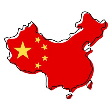recommend clip art: Stylized outline map of China with national flag icon. Flag color map of China  illustration.