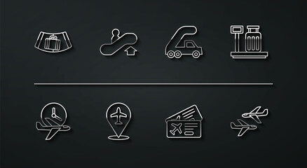 Set line Conveyor belt with suitcase, Flight time, Scale, Airline ticket, Plane, Escalator up, and Passenger ladder for plane boarding icon. Vector