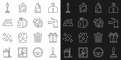 Set line Rubber plunger, gloves, Water tap, Bottle for cleaning agent, Dishwashing liquid bottle, Brush, Vacuum cleaner and Washing dishes icon. Vector