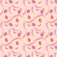 Fruit seamless pattern for textile products, peach pieces, bone and leaves in a flat style . Vector illustration