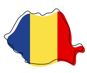Stylized outline map of Romania with national flag icon. Flag color map of Romania illustration. - obrazy, fototapety, plakaty