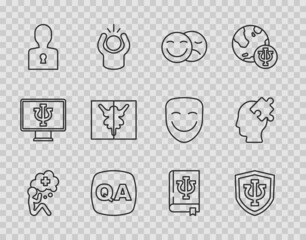 Set line Helping hand, Psychology, Psi, Comedy tragedy masks, Question Answer, Solution to the problem, Rorschach test, book, and icon. Vector