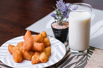 Soy milk with Chinese bread. Thai food in the morning, local famous street food with taste.