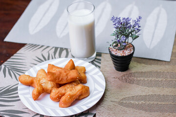Soy milk with Chinese bread. Thai food in the morning, local famous street food with taste.