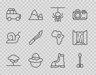 Set line African tree, Arrow, Spider, Camping hat, Car, Machete, Hunter boots and Waterfall icon. Vector