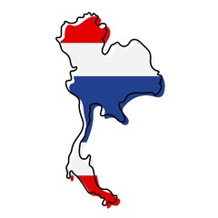 Stylized outline map of Thailand with national flag icon. Flag color map of Thailand illustration.